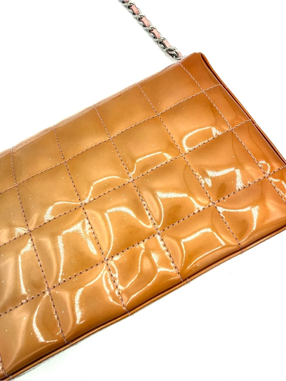 CHANEL Quilted Orange Patent Leather Chocolate Bar CC Flap Bag